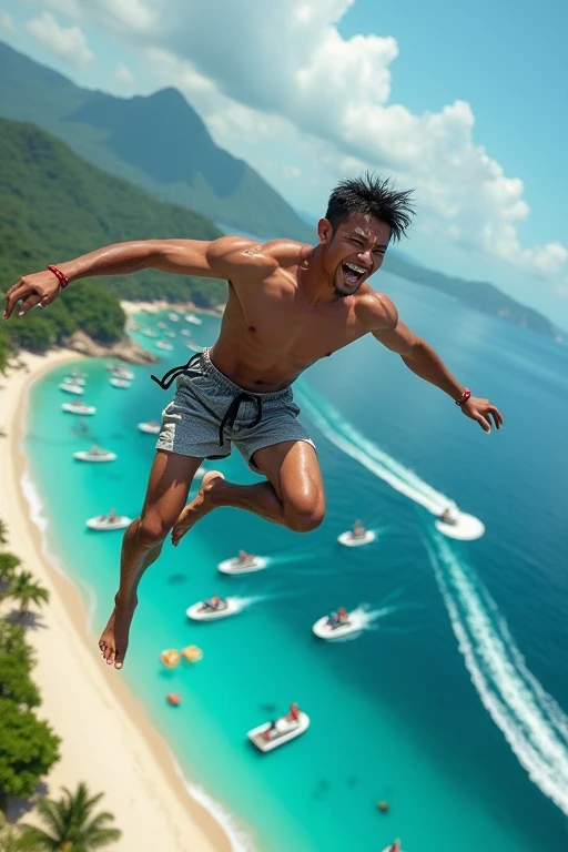 ((best quality))  An Asian Indonesian male weighing 74 kilograms jumps from a helicopter in the high sky. Below, there is a beach with many jet skis. He's wearing beach clothes and underwear, with a funny facial expression..