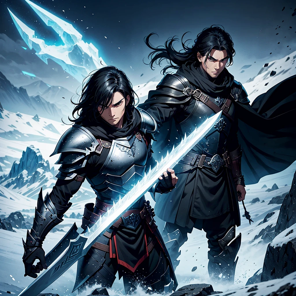 Generate an image of a warrior, with a black armor, Bblack hair, large sword, and black cape. Make him on a huge ice mountain