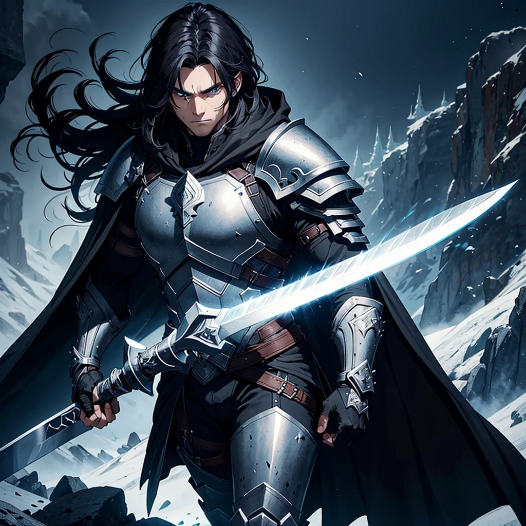 Generate an image of a warrior, with a black armor, Bblack hair, large sword, and black cape. Make him on a huge ice mountain 