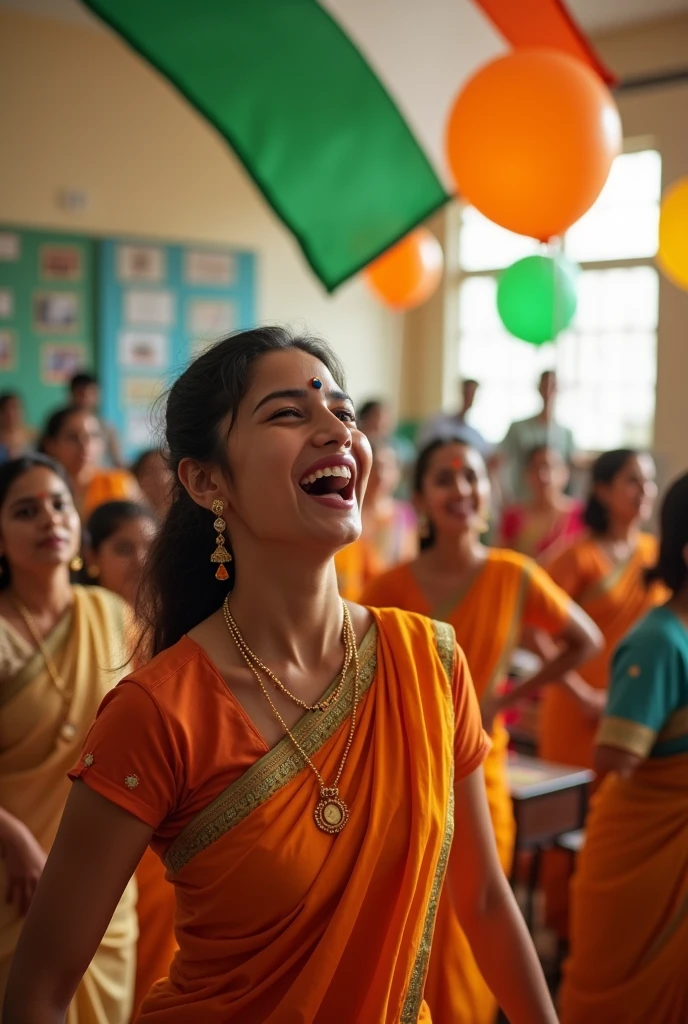(celebration scene in a classroom), JD Institute of Nursing, happy independence day atmosphere, (nursing students) singing and dancing joyfully, colorful balloons, vibrant Indian flag displayed, guests enjoying the event, dynamic Indian dance performances, warm and cheerful ambiance, detailed classroom setting with educational posters, (4K ultra-detailed).