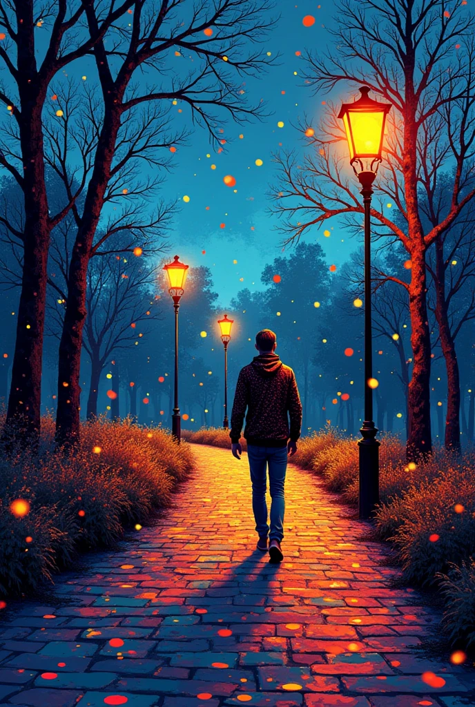 A surreal coloured stippling dot art of A man walks on path a surreal coloured stippling dot in the park with street lamps ,in the style of pointillism painting, night sky , blue yellow and red colors , orange lightings, in the style of anton pieck ,vivid vibrant coloured stippling dot art , volumetric light, brightlightting.