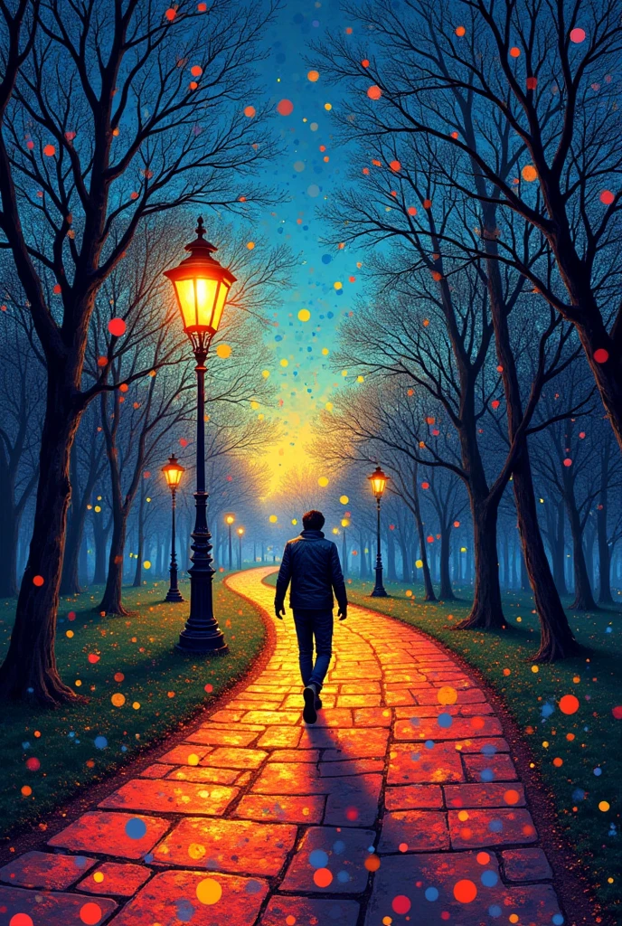 A surreal coloured stippling dot art of A man walks on path a surreal coloured stippling dot in the park with street lamps ,in the style of pointillism painting, night sky , blue yellow and red colors , orange lightings, in the style of anton pieck ,vivid vibrant coloured stippling dot art , volumetric light, brightlightting.