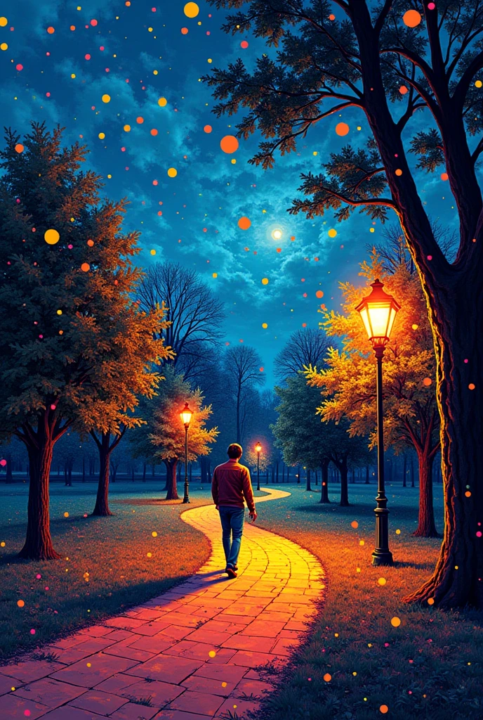 A surreal coloured stippling dot art of A man walks on path a surreal coloured stippling dot in the park with street lamps ,in the style of pointillism painting, night sky , blue yellow and red colors , orange lightings, in the style of anton pieck ,vivid vibrant coloured stippling dot art , volumetric light, brightlightting.