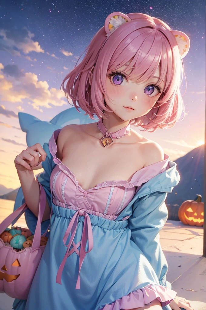 Pink and light blue dreamy hair Wave Shorthair Purple Eyes Beauty Halloween Wizard pumpkin Bears Ears cute