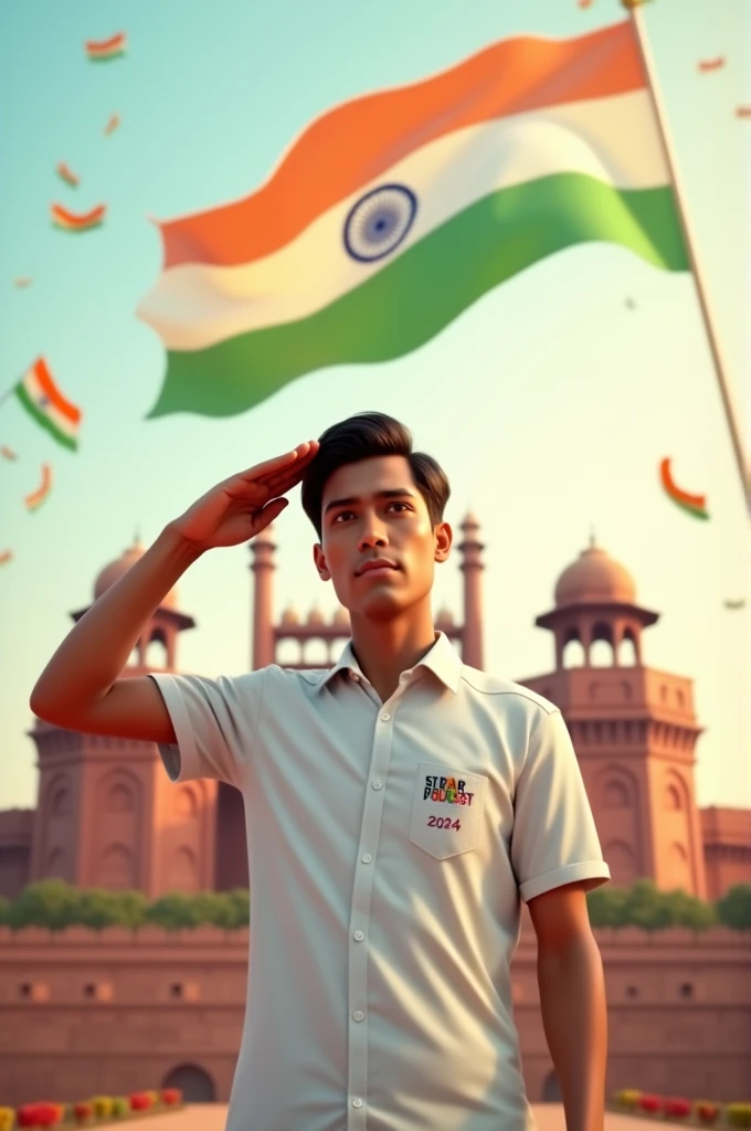 Create a 3D Realistic image of 22 years old boy is wearing White color shirt and saluting to indian flag and behind him red fort placed a hoisting flag on that, written Happy Independence Day 2024" on the sky and "SM Star Podcast" is written on his shirt with bold letters and also in overall image has the divine background like indian republic day. Everyone is celebrating.
