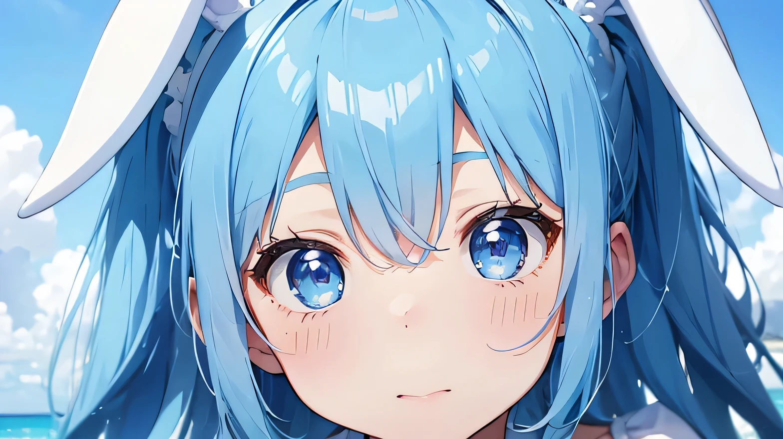 Highest quality, cute, pastel colour, Fluffy white bunny ears, Blue Hair,Blue eyes,Background is solid color,pop、colorful,wallpaper style,Peering into the screen、Feeling like a peek,Ocean,refreshing,Sandy Beach