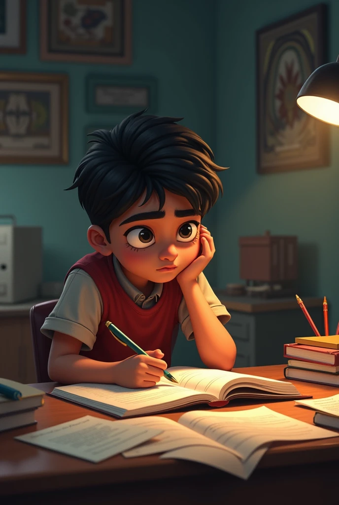 A image of an Indian boy and he is focus on his study and serious for his study
He is live in his room and sit in study table