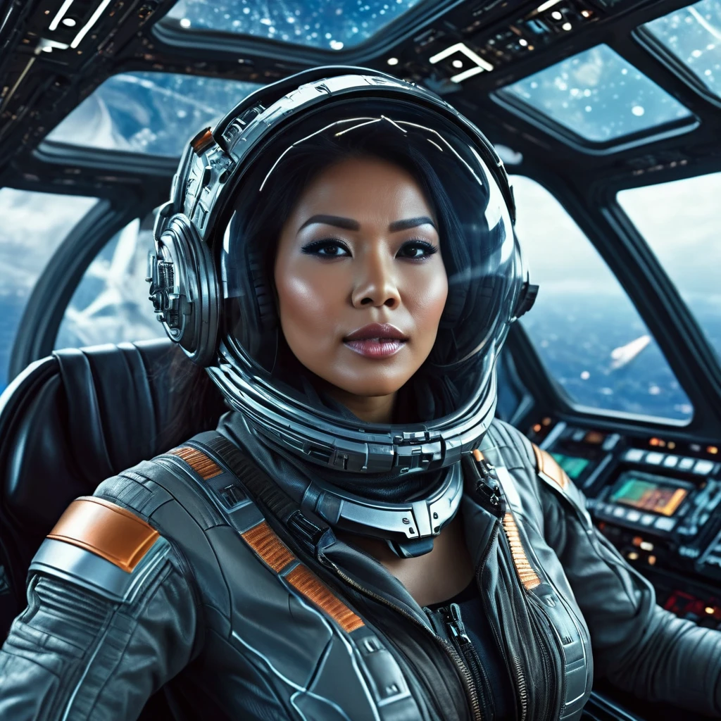dynamic shoot, frontal angle, an Indonesian woman, in the cockpit of a spaceship, futuristic clothing, the atmosphere of a battle in outer space seen from the cockpit window, intricate details of the cockpit interior, futuristic and sophisticated, sharp details on every element, high octane render, sci-fi, UHD, HDR+, 32K