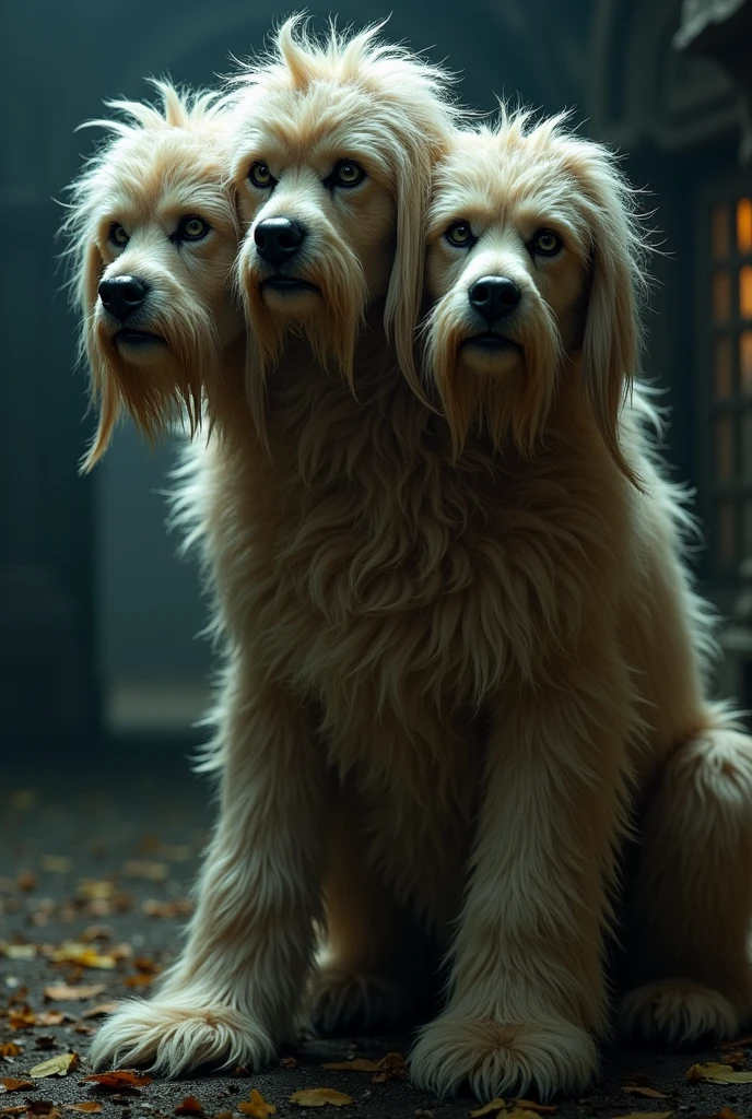harry potters three heded dog fluffy as a costume, but with 3 human heads