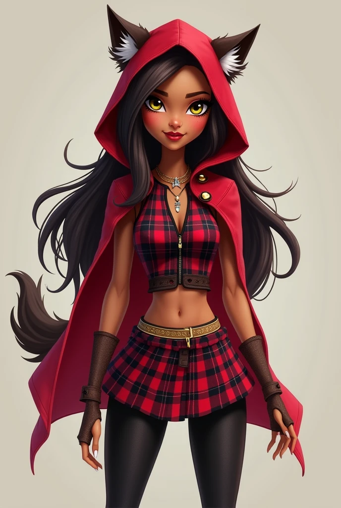 Cerise Hood from Ever After High has long, dark brown hair with several white streaks (predominantly on the left side) and slate gray-blue eyes. She has tan skin like her father. When she has her wolf-like outbursts, her eye color changes to yellow gold. Cerise Hood wears a plaid red and black top with skater skirt, leggings, and a red hooded cape. She also has brown hair with white streaks, wears a pair of brown wedge boots. https://royal-rebel-pedia.fandom.com/wiki/Cerise_Hood/Outfits