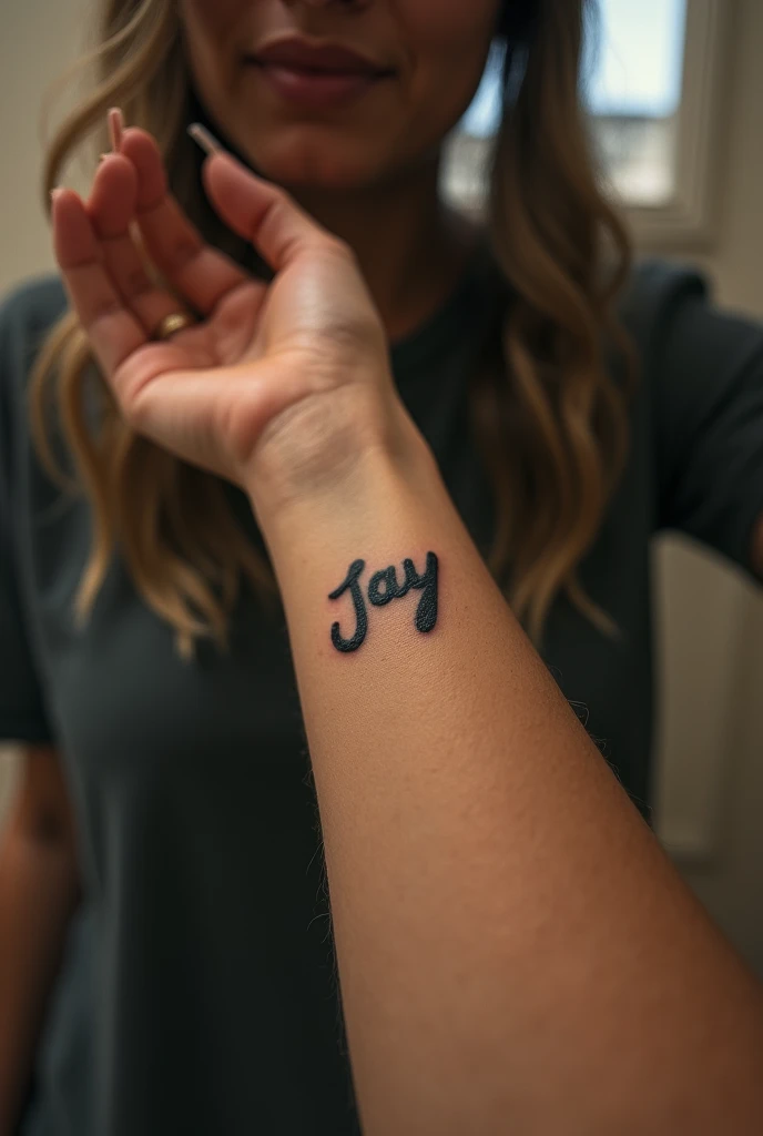 A tattoo on a woman's wrist that says "jay" that looks real with a photo taken in the mirror and that looks like a phone flash
