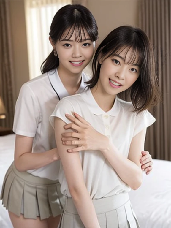 (Masterpiece, Best quality:1.3), (Ultra realistic, Photo-realistic:1.2), Natural light, 28 years old actress, Japanese beautiful 2 women, Neat and clean, (White tennis uniform, White short-sleeve polo shirt with darknavy line collar:1.1), (unbutton:1.2), (White pleated skirt:1.1), (damaged skirt:1.1), white sock, (short wavy hair:1.2), ponytail, (Beautiful faces), Oval face, clear, Beautiful eyes, Kind eyes, Clear skin, Small face, Beautiful mouth, Small mouth, Natural makeup, Approachable, Seductive smile, (Seductive pose:1.2), Beautiful thighs, Bedroom eyes, Embarrassed, Blush, Luxury hotel Suite room, On bed, (nsfw:1.2), obscene reality of girls, (lesbian couple, petting together:1.2), looking at each other, grabbing ??????, ?????? hug, ?????? face,