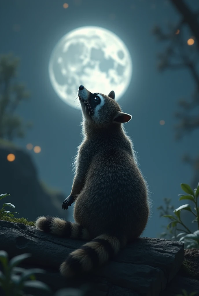 raccoon sitting with its back to the viewer, looking at the moon