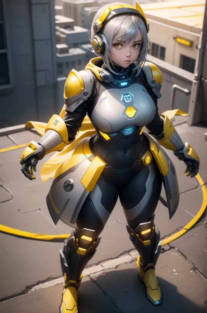 1girl, Female robot, superheroine, android girl, teenager, (((gray with yellow accents robotic cyber armor))), (yellow cape), (yellow shinning core in the chest), (gray mechanic gloves), (gray armored boots), (metallic long beam saber), pale skin, (shinning yellow eyes), ((gray short shoulder length hair)), wide hips, thick thighs, narrow waist, ((standing on a rooftop)), ((futuristic city background)), (at night), (((only one character))), (((alone))), (((solo)))