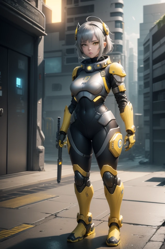 1girl, Female robot, superheroine, android girl, teenager, (((gray with yellow accents robotic cyber armor))), (yellow cape), (yellow shinning core in the chest), (gray mechanic gloves), (gray armored boots), (metallic long beam saber), pale skin, (shinning yellow eyes), ((gray short shoulder length hair)), wide hips, thick thighs, narrow waist, ((standing on a rooftop)), ((futuristic city background)), (at night), (((only one character))), (((alone))), (((solo)))