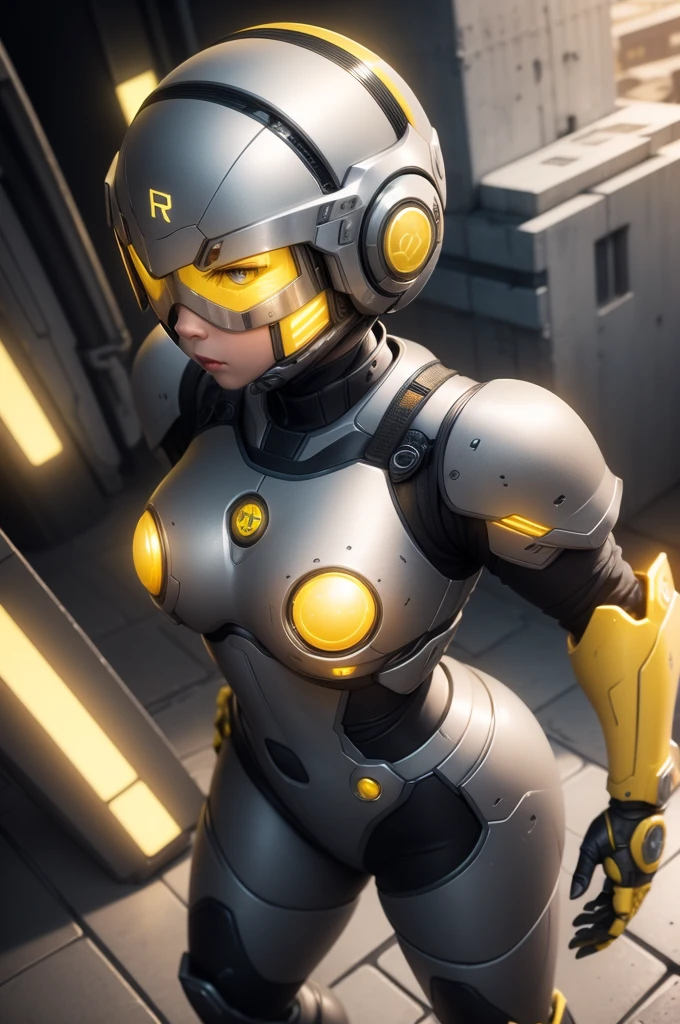 1girl, Female robot, superheroine, android girl, teenager, (((gray with yellow accents robotic cyber armor))), (yellow cape), (yellow shinning core in the chest), (gray mechanic gloves), (gray armored boots), (metallic long beam saber), pale skin, (shinning yellow eyes), ((gray short shoulder length hair)), wide hips, thick thighs, narrow waist, ((standing on a rooftop)), ((futuristic city background)), (at night), (((only one character))), (((alone))), (((solo)))