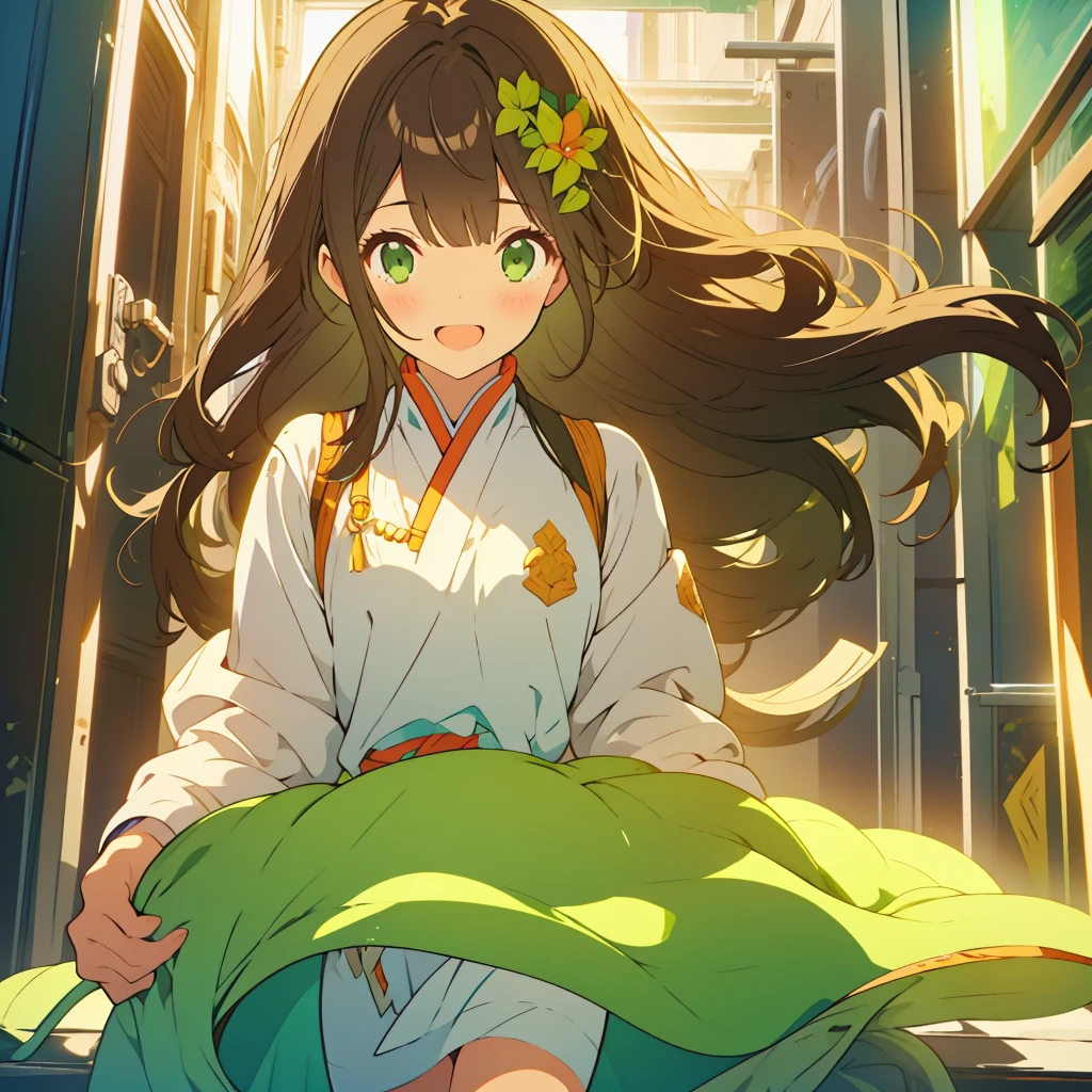 A boyish girl with long dark brown hair and green eyes、Highlight on eyes、celebration、bouquet、Detailed facial expressions、smile、whole body、Uplifting、Jumping、No background、Draw only one person、Only one person、Stereoscopic View