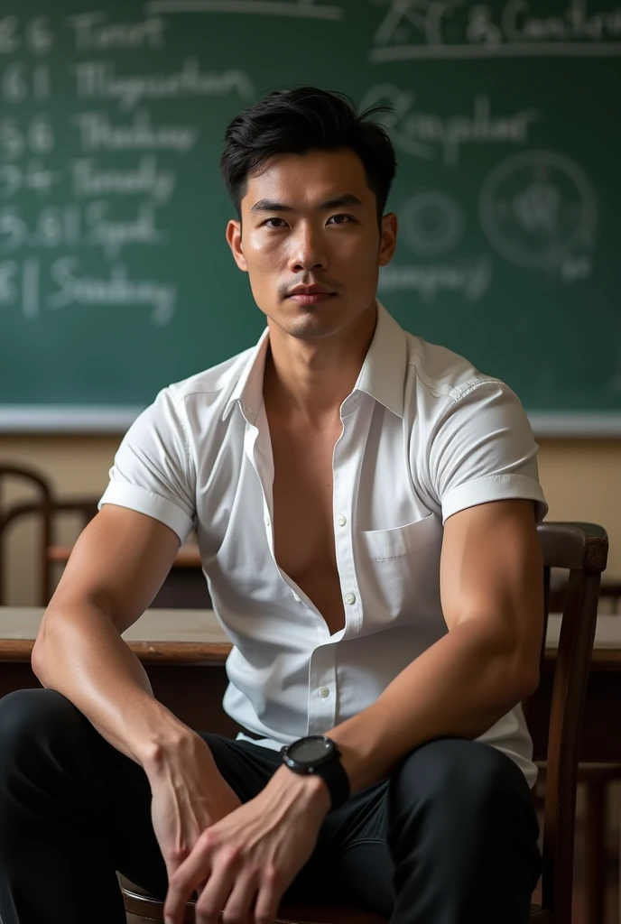 Vietnamese gentleman, 25 years old, stupid face,teacher,shiny tight clothes, tanned skin,Handsome and elegant, Wearing a  uniform, sexy , Masculine and handsome，musculous，Muscles look good,,, Full body photo,(ultra-detailed, photorealistic, best quality, 4k, 8k, highres, masterpiece:1.3), a mature man, charming and distinguished , (muscular build body), wearing tailored shiny  dress shirt,  sweat, unbutton buttons shirt, lewd face ,tight chest, sex,See-through shirt, erotic, horny, , Accessories include a luxury wristwatch, in the Classroom‎,looking at viewer,muscle veins,no underwear ,Tight shirt makes muscle,unbutton,six pack,sitting on the lap of the gym teacher
