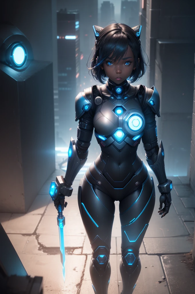 1girl, Female robot, superheroine, android girl, teenager, (((black with blue accents robotic cyber armor))), (blue cape), (blue shinning core in the chest), (black mechanic gloves), (Black armored boots), (metallic long beam saber), dark skin, (shinning blue eyes), ((gray short shoulder length hair)), wide hips, thick thighs, narrow waist, ((standing on a rooftop)), ((futuristic city background)), (at night), (((only one character))), (((alone))), (((solo)))