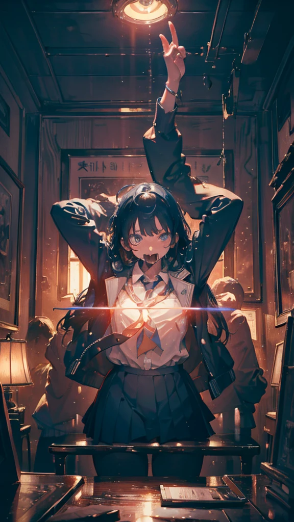 One person, (Crazy behavior:1.5), Deep Skin, Multiple hands, school uniform, Highest quality, Very detailed, Surrealism, cinematic lighting, masterpiece, UHD, best quality, highres, 8k
