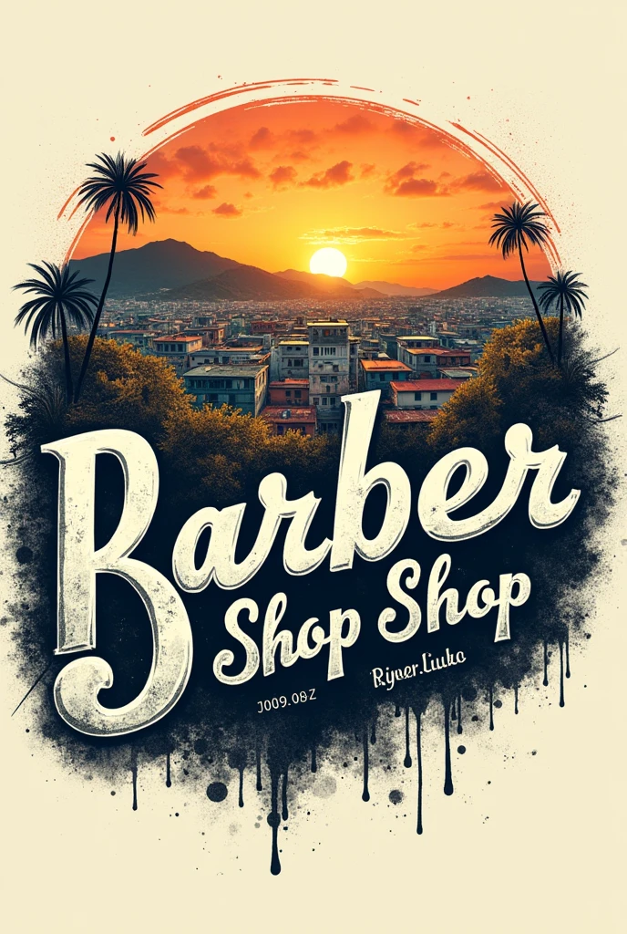 Create a barber shop logo with graphite letters, Written "Barber Shop Salon", and in the background a large favela in Rio de Janeiro on a sunny day.