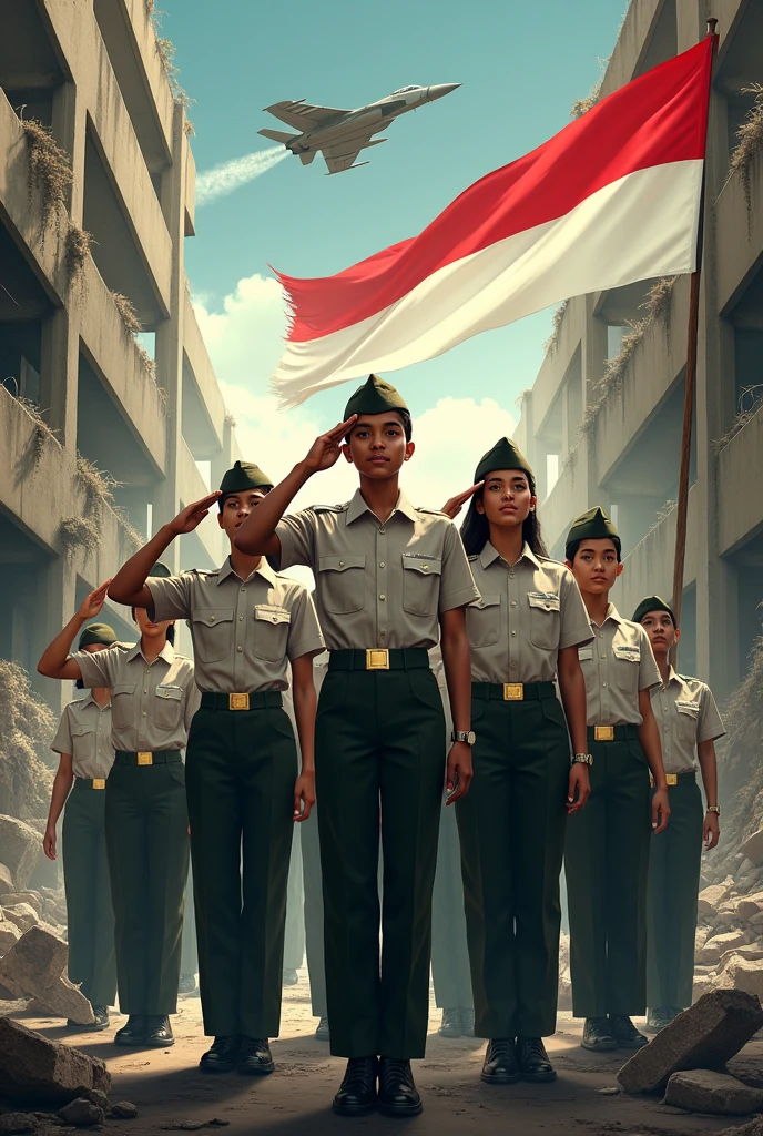 poster film,portrait of 5 young Indonesian women and young Indonesian men wearing TNI uniforms standing in a destroyed building,there is an Indonesian flag,fighter jet