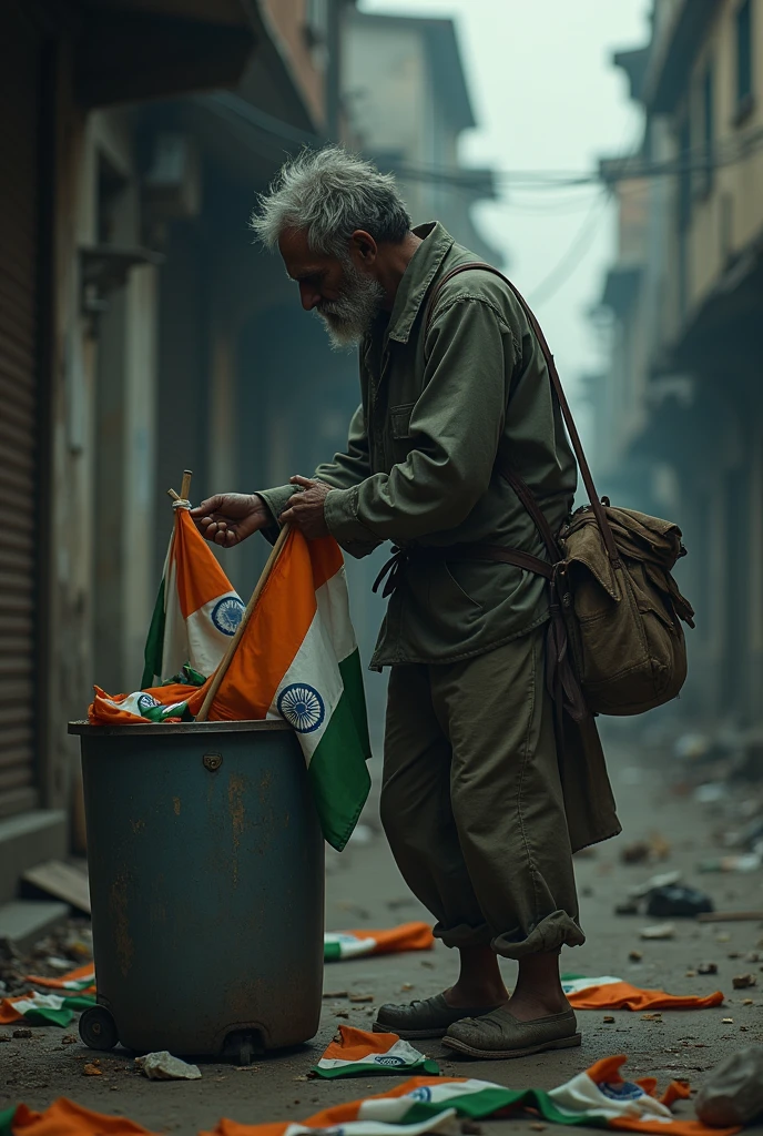 Generate an image of a poor mentally disturbed man with his bag picking up Indian flags from Trashcan