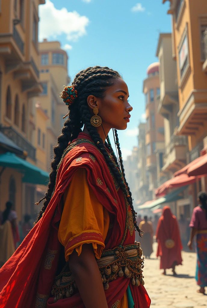 Please create an image of a nomad woman in a city with buildings in the background