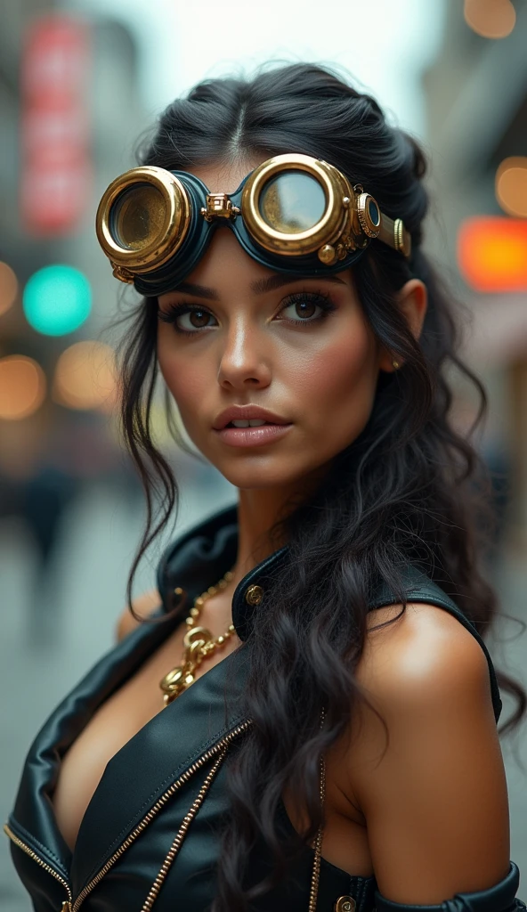A (24-year-old Colombian woman:1.2), full body view, (facing the camera:1.1), detailed European features, (aspirational expression:1.1), ((steampunk-style goggles)), ((steampunk city in the background)), raw, analog style, ultra-detailed photography, cinematic lighting, art station, 4k, sharp focus, high resolution, detailed skin, detailed eyes, detailed lips, long eyelashes, elegant pose, (steampunk fashion:1.2), (intricate mechanical detailing:1.3), mechanical gears, (advanced technology:1.1), futuristic atmosphere