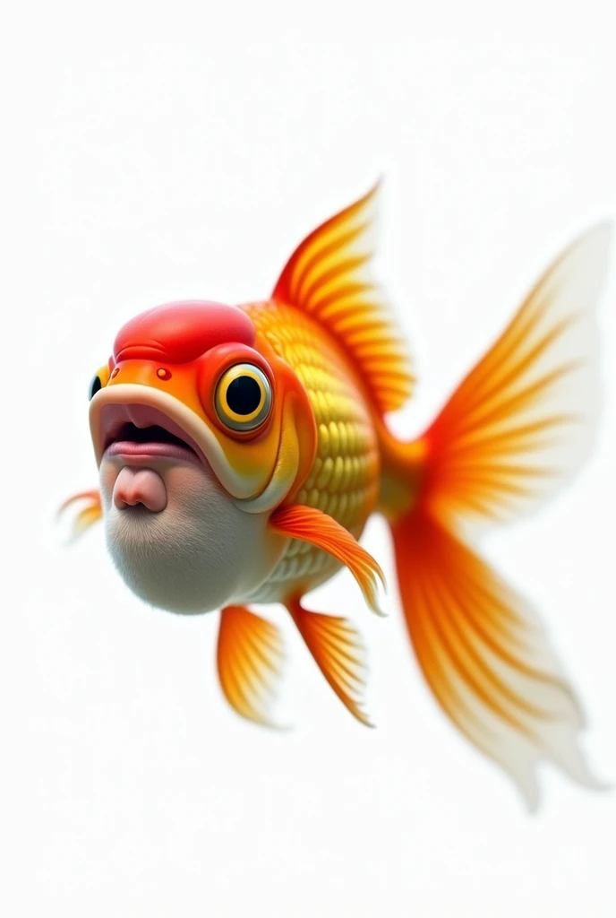 Caricature of a goldfish with a realistic man face, without beard, side view, white background