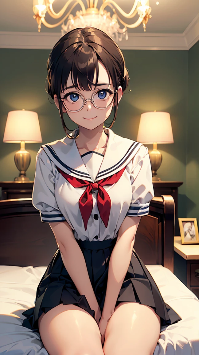 Shibuya Aria, (((metal-rimmed glasses:1.5))), short bob, brown hair, small chest, - shirt, dress, bright red ribbon, uniform, sailor uniform, light beige sailor uniform, white cloth sailor collar, sailor collar with black lines, grey and green striped skirt, pleated skirt, Yuigaoka Girls' High School uniform, ---(8K, raw, highest quality, real 1.2), ultra high quality, high resolution, highest quality, perfect face, perfect limbs, perfect fingers, high resolution, (beautiful anime face, cute face, detailed face), smile of joy, smiling expression, sitting on bed, cowboy shot, miniature human hand, (((medium bust 1.3))), (((thin thighs 1.3))), ((white walls bedroom 1.5)), ((white framed bed 1.5)), ((white ceiling bedroom 1.5)), ((divine light 1.5)), pure white chalk interior, pure white marble interior, ((Pure white bedroom like a Western castle: 1.5)), ((Luxurious pure white canopy bed: 1.4)), ((Chandelier: 1.4))), ((Pure white bed 1.5)), ((Beautifully decorated bedroom 1.5)), perfect anatomy, perfect proportions, nice lighting, bright colors, clean lines, information, blurred, stunning facial expression, restless emotions, gorgeous and cute, beautiful face and eyes in every detail, (masterpiece) beautiful face, young and handsome girl, really perfect skin, blurred, stunning facial expression, restless emotions, gorgeous and cute, beautiful face and eyes in every detail, (Audrey Hepburn), (cute), (J-POP idol), (thighs, (depth of field), (depth of field), soft light, glittering lens gaze, (droopy eyes), straight teeth, shy smile, flowing hair, a scene from Blake's movie,