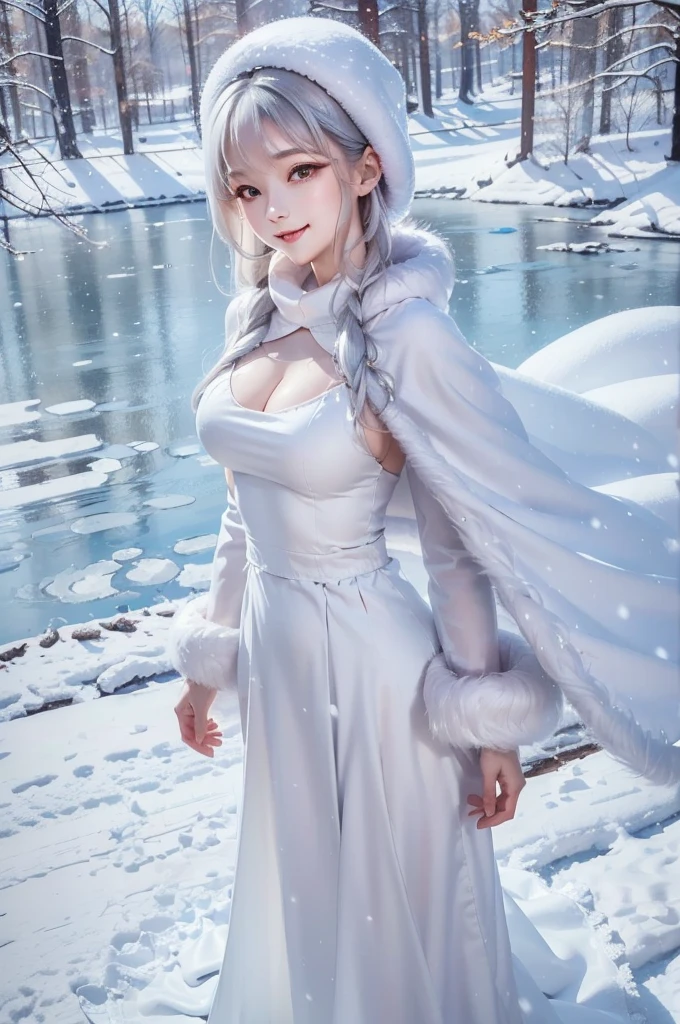 masterpiece、Highest quality、1 girl, winter, silver hair, Cute girl, smile, close mouse, large breasts, sideboob:1.4, white dress, winter clothes, long skirt, Fur coat、Small waist、Thin legs、outdoors, front of the lake, snow falling, Prayer Pose, join hands, from front
