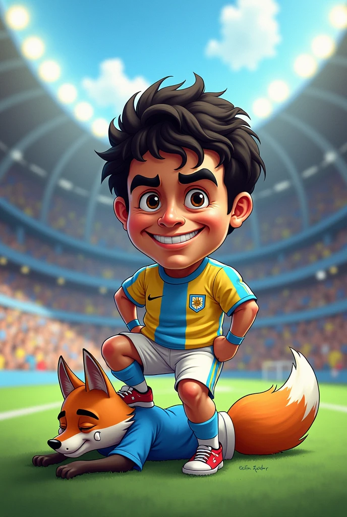 The player Diego Maradona cartoon version wearing the blue and yellow jersey stepping on a sad fox crying on its neck with the blue shirt in a football stadium