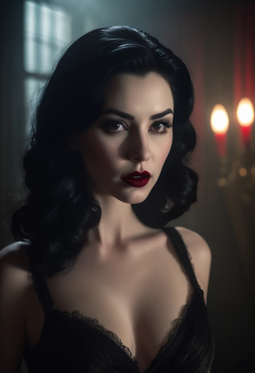 a beautiful pale woman with deep black hair, blood red lips, and sharp fangs, wearing a slinky black dress with a deeply plunging neckline, emerging from a mysterious fog in a 1950s bedroom, (best quality,4k,8k,highres,masterpiece:1.2),ultra-detailed,(realistic,photorealistic,photo-realistic:1.37),dramatic lighting, moody atmosphere, cinematic, highly detailed, dark fantasy, dark and moody, chiaroscuro lighting, dramatic shadows, hyper realistic, gothic glamour, alluring and seductive