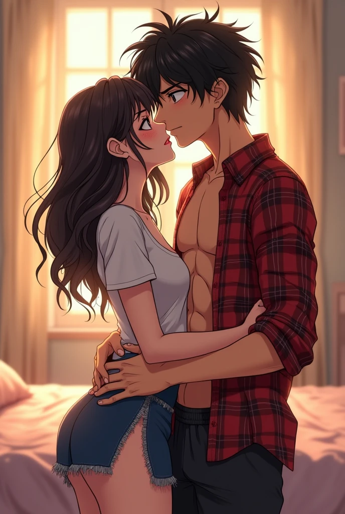 Girl with a tender position with light skin and freckles, light gray eyes with big attributes, tits and big ass with a low-cut shirt and a skirt on one side, a tall handsome boy with black hair and brown eyes and no shirt with a plaid shirt and sports shorts making out with the girl by the waist biting her neck passionately and that they are in a room with an animated bed like anime