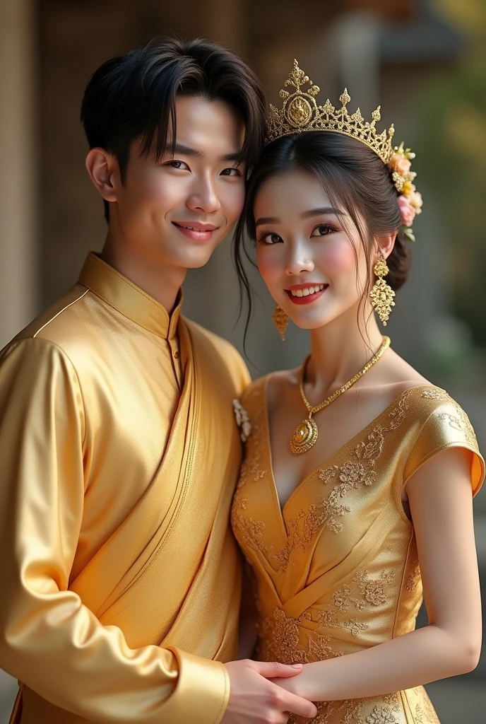 A virtual image of a man and a woman with beautiful and handsome faces..(((There are no two men. There are no two women.))), Wearing a golden Thai dress at a wedding ceremony in a studio.,Women wear golden Thai silk with intricate patterns.. , A man wearing a golden cloth., The pores can be clearly seen. ,The backdrop is an ancient Thai tourist attraction., Clean white brochure. Comfortable body with high resolution photos,Don't wear a crown..,Don't close your eyes.,beautiful light, Soft eyes.