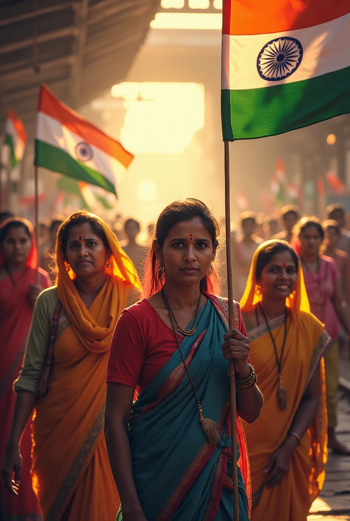 Create an image of indian pour women on railway station with tiranga flag with a busy street market full of Flag, sell tiranga flag in market on road by a old pour lady , against the backdrop of a tiranga rainbow and sunset in the sky.
