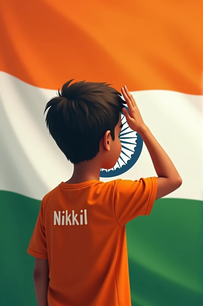 A boy whose t-shirt has Nikhil written on the back and the colour of his t-shirt is orange, he is saluting the Indian flag but his hand is on his forehead