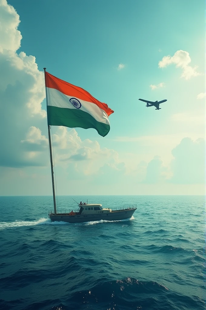 Image using the name of Sadiya with the Indian flag in the sea And an aeroplane is flying from above and an old ocean