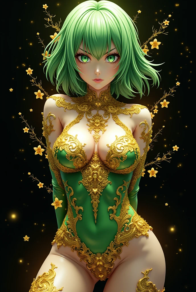 high art, (masterpiece, best quality:1.2), cowboy shot, solo, 1girl, too young girl, flat chest, huge asstatsumaki, unamused, closed mouth, looking at viewer, crossed arms, green medium hair, black dress, blue sky background, simple background