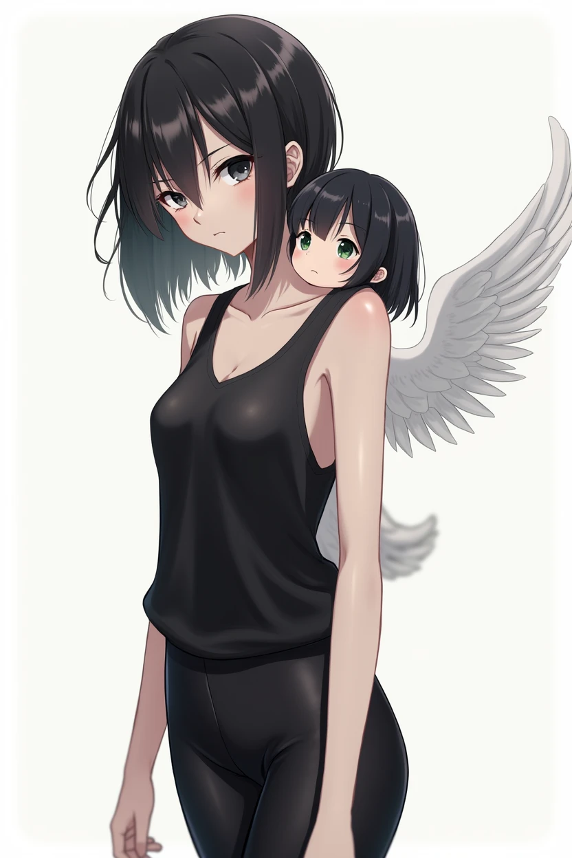 boy, Long hair black, black tank top and black leggings, grey eyes, Beautiful face, thin, a girl with white angel wings stands behind, shoulder length black hair, green eyes. anime art, masterpiece