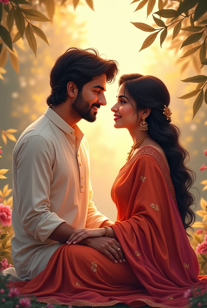 Beautiful southindian couples. Romantic sitting. Illustration image. Romantic look and smile