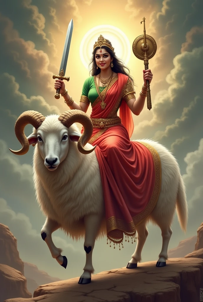 Shri Gayle Mataji is sitting on a white horned sheep and Shri Gayle Mataji is holding a sword, trishul, chakra, and giving blessings. Mataji is wearing a red saree and her blouse is green.
