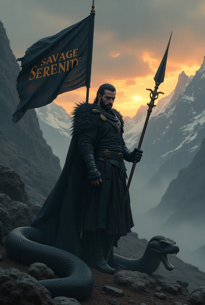There is a warrior in balck clothes and dark atmosphere and slightly raining he is hold a spear which attached to a flag in the flag SAVAGE SERENITY is written and he's left side a colossal snake is there which protects the warrior and in background a mountains in sunset mode