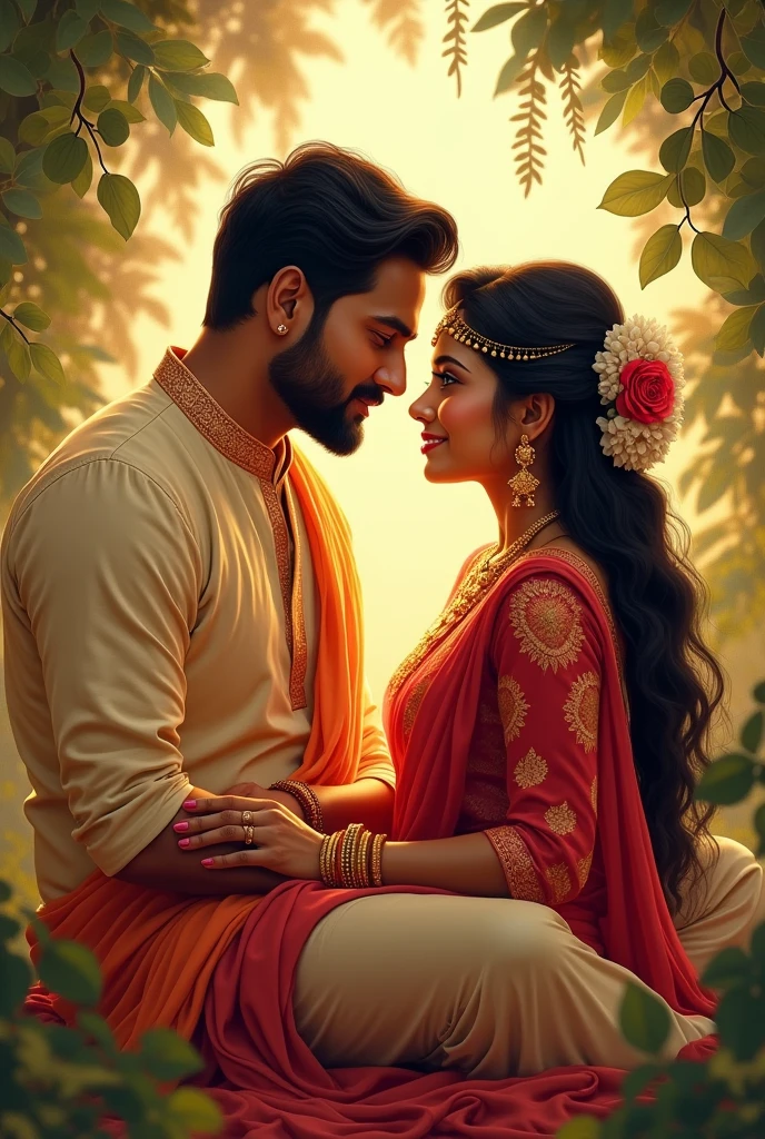 Beautiful indian couples. Romantic sitting. Illustration image