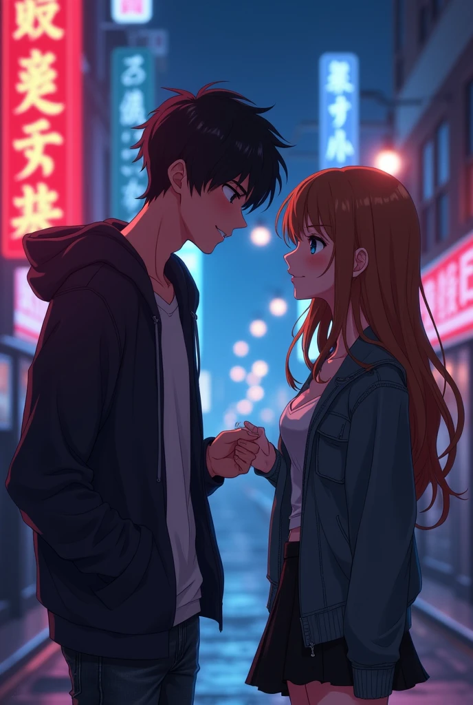 Create an anime-style image of a 21-year-old boy with a mischievous smile getting closer to the girl. A blushing girl stands closer, playfully tugging at her outfit. The setting is a dimly lit urban street with neon lights, creating a flirty, seductive vibe that reflects the line, "Are you a magician? Because whenever you’re around, your clothes disappear in my mind."