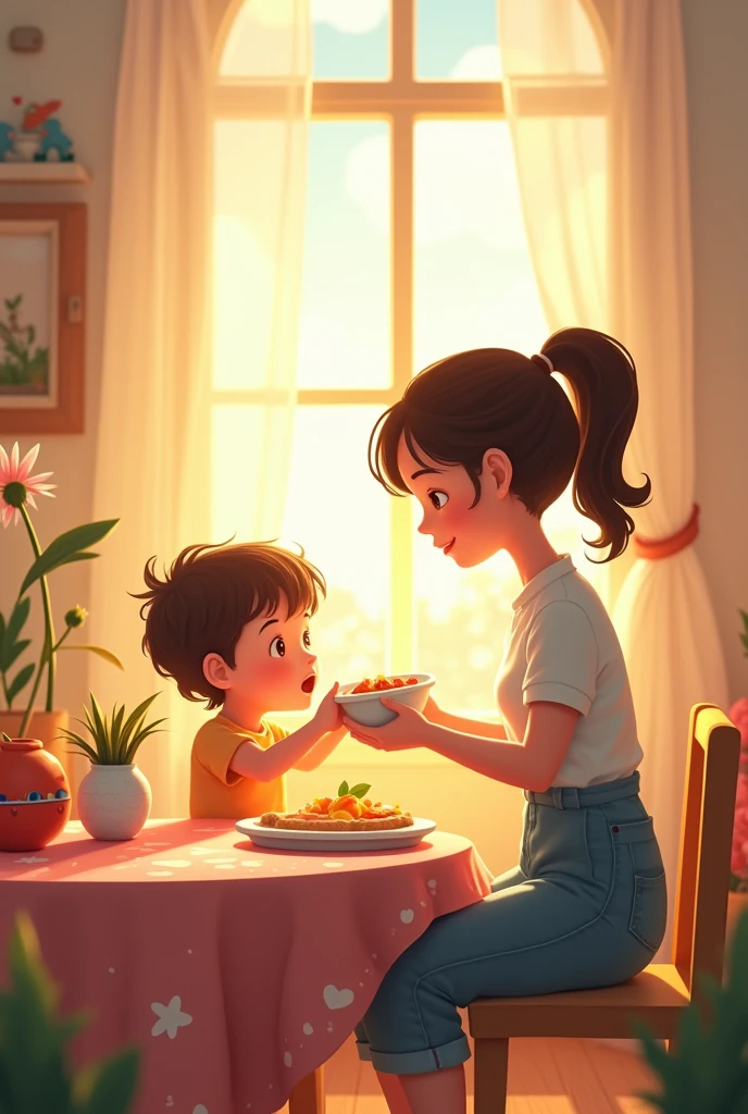 masterpiece, Highest quality, 8k, high details, Cute pixel art:1.3, The scene shows a bright, sunny morning with the sun rising in the sky. A young child is sitting at the breakfast table with their mother. The mother, with a gentle smile, is handing the child a plate of healthy food. The room is warm and cozy, filled with soft pastel colors and child-friendly decorations. Sunlight streams through the window, casting a golden hue over the scene.