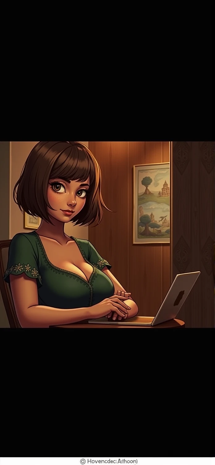 Chestnut woman + big, intense brown almond-shaped eyes + short straight hair + Fitted green dress + Brazilian