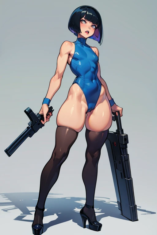 thick hips, thick thighs, platform heels, high cut leotard, flat chest, thin waist, bob cut hair, weapon, tanned skin, gun, angry look, scream, thick body, fitness, stockings, blue lipstick