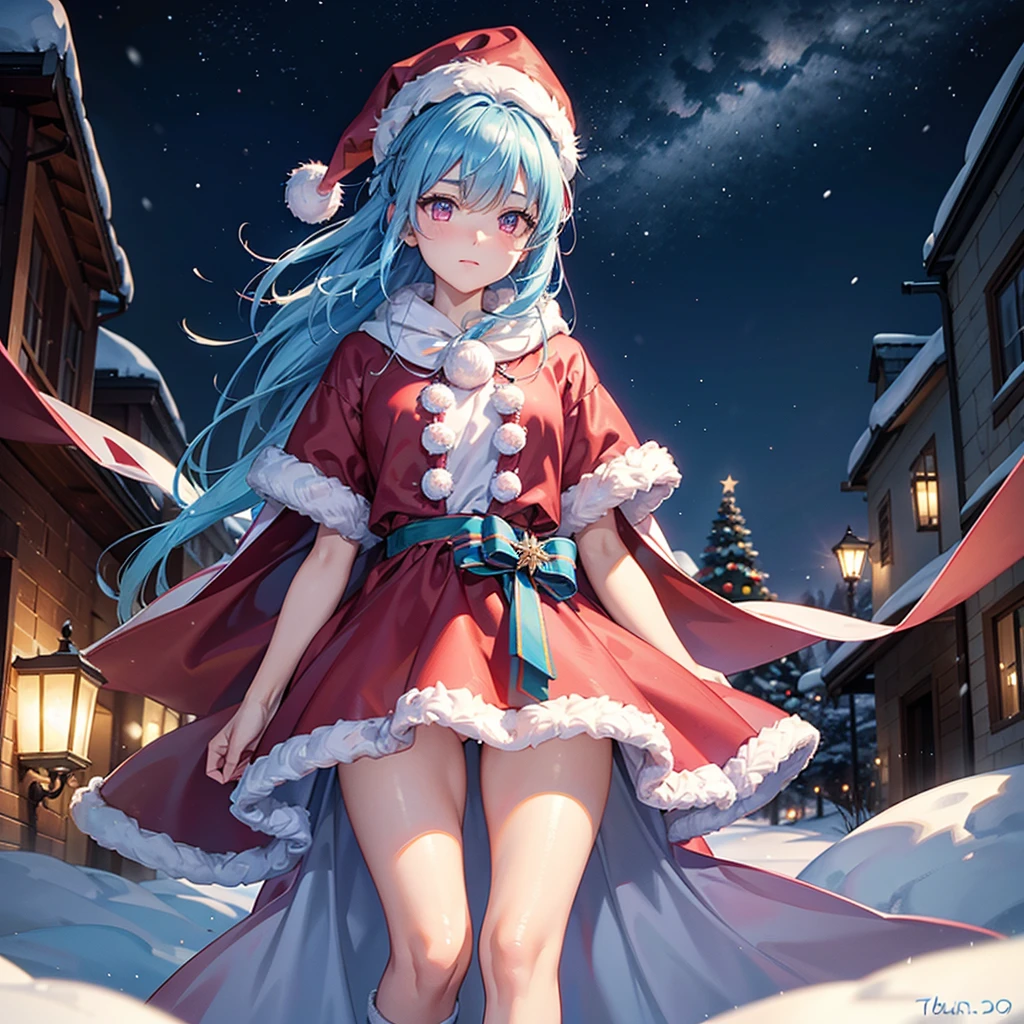 (Sky blue hair tied in a single strand),(Pink Eyes),Fair Skin,Full Body,Alone,Santa Claus Clothes,Giant Christmas Tree in the Background,Snowy Night,Sparkling Night Sky,gift box,Masterpiece, Top Quality, Very Detailed, Best Shadows,Detailed Background,Beautifully Detailed Face,High Contrast,Best Lighting, Very Delicate and Beautiful,Cinematic Light,Hyper Detail,8k,Dramatic Light,Exquisite Detail,